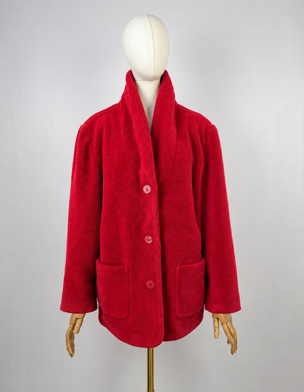 Vintage Cindy Bai Red Plush Fleece Blazer Jacket Womens M Shawl Collar Lined